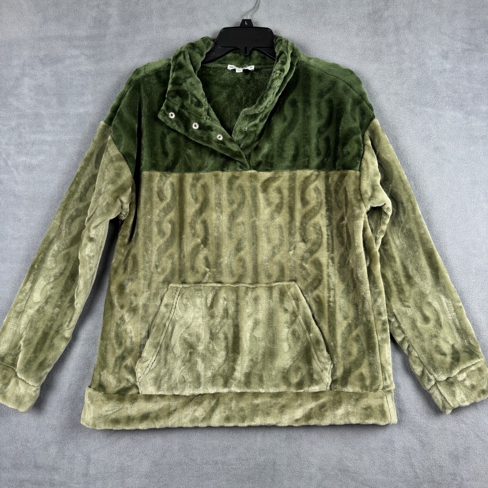 Bearpaw Green Fleece Pullover Snap Mock Neck Faux Fur Cable Embossed M WU52145